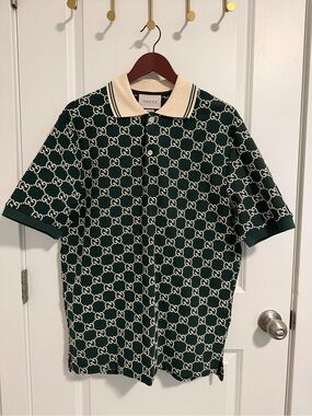 Gucci Green GG Logo Knit Polo with Cream Collar